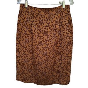Nina Ricci Pencil Skirt Wool 29 Inch Blend Metallic Brown Filigree Design Lined